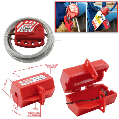 Lockout Tagout Kit With Top Notch Heavy Duty Padlocks Hasps Breakers And Valve LOTO Tools Cable And Plug LOTO 47 Component Toolbox Set for Electric Safety Maintenance And Repair On The Job featuring red cable lockout device with measurements