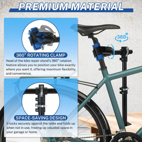 Height Adjustable Bike Repair Stand For Bench Mount showing 360° rotating clamp and space-saving design next to bike