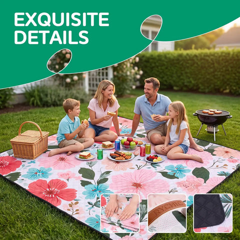 Family enjoying outdoor meal on a Waterproof Extra Large Picnic Blanket For Outdoor Activities Great For Beach And Camping Mat Lightweight
