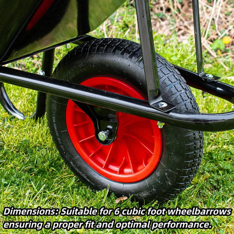 Front Brace For 6 Cubic Foot Wheelbarrows Fits True Temper Wheelbarrows Front Support Bracket And Axle Bracket Compatible With WB 1006 WB 1006FF WB 2006 WB 2006FF Tough As Nails Heavy Duty Easy Install Durable Steel Construction attached to wheelbarrow wheel on grass