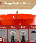 MonoPro 6-1/4in bi-metal hole saw for recessed lights, red with serrated edge and central drill bit (close-up)