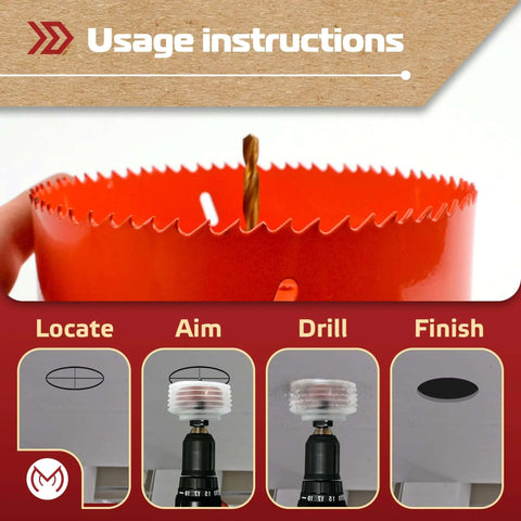 MonoPro 6-1/4in bi-metal hole saw for recessed lights, red with serrated edge and central drill bit (close-up)