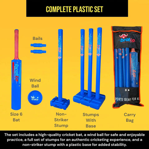 Size 6 Plastic Cricket Set Blue For Backyard And Beach Play This All In One Kit Comes With Bat Wind Ball Stumps And Non Striker Stump