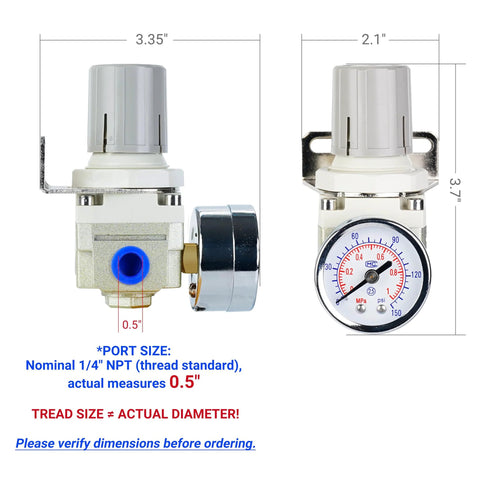 Air pressure regulator with 1/4in port; side view shows inlet port and bracket, front view shows 0-150 psi gauge.