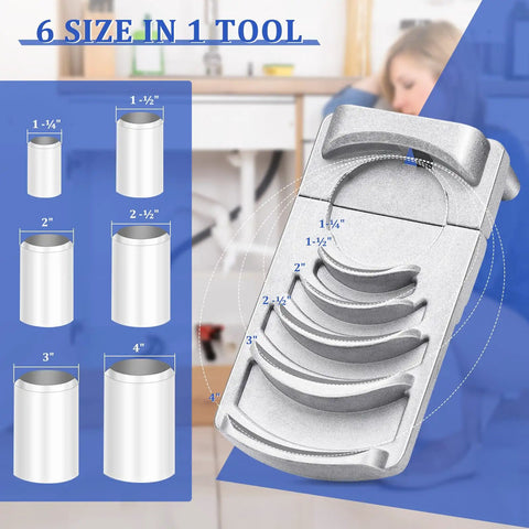PVC Deburring Tool For Plastic Pipe Set Six Size One And A Quarter Inch To Four Inch Reamer Chamfer Tool shown with size guide