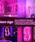 Neon Lights Sign For Wall Decor And Bedroom Vibe Lit LED Sign USB Powered Acrylic Backplate in various settings.