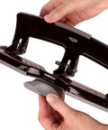 No Sweat Heavy Duty Three Hole Puncher With 20 Sheet Capacity Solid Steel Frame, hands adjusting base for secure grip.
