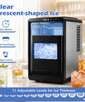 Compact Counter Top Ice Cube Machine Whips up 16 Crisp Crescent Cubes in Just 15 Mins With 11 Adjustable Thickness Options. Sleek design with clear ice.