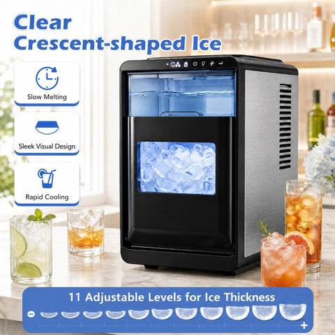 Compact Counter Top Ice Cube Machine Whips up 16 Crisp Crescent Cubes in Just 15 Mins With 11 Adjustable Thickness Options. Sleek design with clear ice.