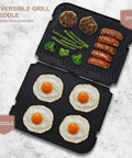 Heavy Duty Reversible Grill Plates Replacement For Electric Contact Press featuring nonstick coating with eggs, sausages, and veggies.