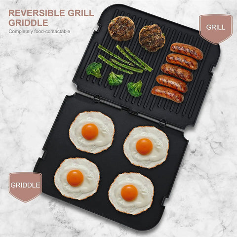 Heavy Duty Reversible Grill Plates Replacement For Electric Contact Press featuring nonstick coating with eggs, sausages, and veggies.