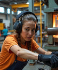 Woman wearing Ultra Comfy 37 Db NRR Safety Ear Muffs For Shooting And Industry Work, operating machinery in a workshop.