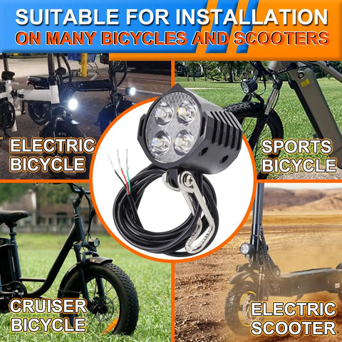 Front Light For Electric Bikes With Built In Horn Stay Lit, 3W LED, 200 Lumens, 12V To 60V Compatible, 3 Pin SM Connector, Bright Headlight For Night Rides, Easy Install, Weather Resistant