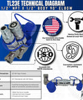 Half Inch Body With 90 Degree Elbow 1/2 In NPT Pipe Thread Flat Face Hydraulic Quick Connect Coupler For Skid Steer Attachments ISO 16028 Heavy Duty Couplings With Dust Caps TL23E, blue-capped metal
