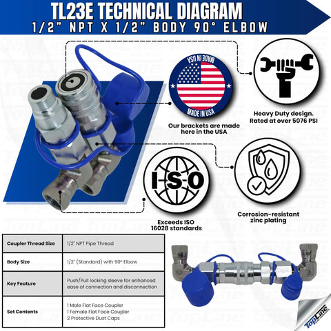Half Inch Body With 90 Degree Elbow 1/2 In NPT Pipe Thread Flat Face Hydraulic Quick Connect Coupler For Skid Steer Attachments ISO 16028 Heavy Duty Couplings With Dust Caps TL23E, blue-capped metal