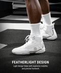 Mayweather Champ Boxing Shoes For Men And Women Unisex White Gold Mid Height Traction shown on legs with black floor background