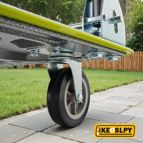 Close-up wheel of Upgraded Push Cart Dolly 700 Pounds Heavy Duty Foldable Platform Truck 2 Tier for warehouse and garage