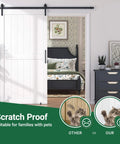 White Sliding Barn Door With 8 Foot Hardware Kit For Easy Assembly No Fuss Setup 48 By 84 Inches Waterproof PVC Surface in interior view.