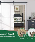 White 30X84 Inches Sliding Barn Door Smooth Rail System Floor Guide H-Frame Hardware Kit Waterproof PVC Surface for pet-friendly homes.
