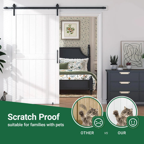 White 30X84 Inches Sliding Barn Door Smooth Rail System Floor Guide H-Frame Hardware Kit Waterproof PVC Surface for pet-friendly homes.