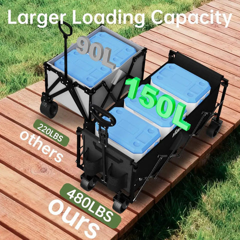 Extra Long Collapsible Utility Wagon Cart With All Terrain Wheels Heavy Duty 480 Lb Haul Capacity shown next to smaller cart