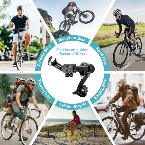 K142 Six Seven Speed Rear Derailleur Hanger Mount for MTB and Commuter Bikes shown with various bike types