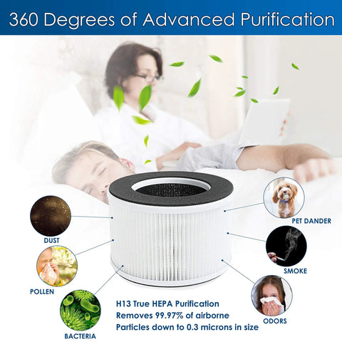 Replacement True HEPA Filter Set For hOmeLabs 4 In 1 Compact HEPA Air Purifier showing purification benefits like dust and odors.