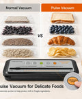 Straight Up Game Changing Compact Vacuum Sealer Machine With One Touch Automatic Sealing showing pulse vacuum option for delicate foods.