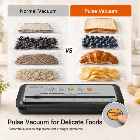 Straight Up Game Changing Compact Vacuum Sealer Machine With One Touch Automatic Sealing showing pulse vacuum option for delicate foods.
