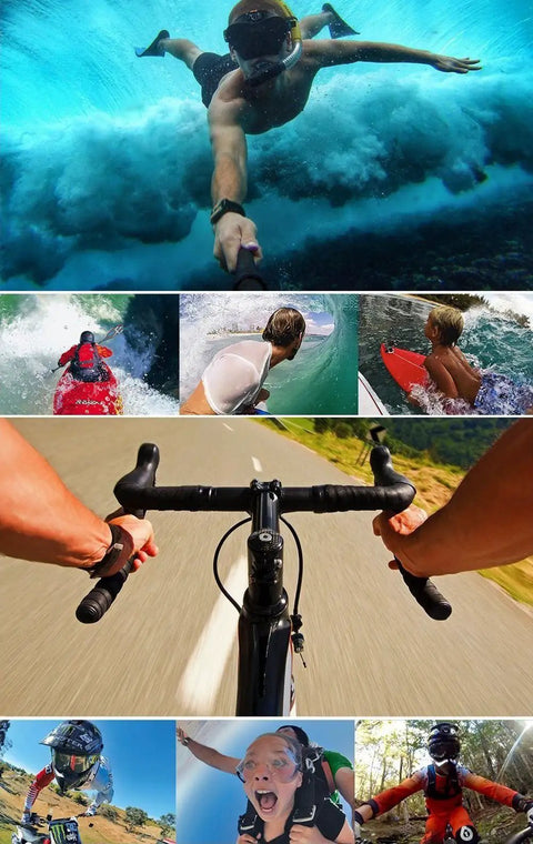 Diverse sports activities captured with Waterproof Action Camera Case With Same Button Layout Tough As Nails Rugged Submersible Housing.