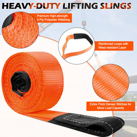 Heavy Duty Lifting Straps 10 Foot By 2 Inch Webbing Slings 15000 LBS Capacity Two Pack Rigging Straps shown in close-up with features highlighted.