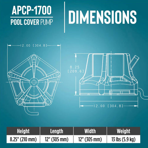 Dimensions diagram of Automatic Submersible Pool Cover Pump 115V 1/3 HP With 1745 GPH, 25 Ft Cord, Light Blue Body