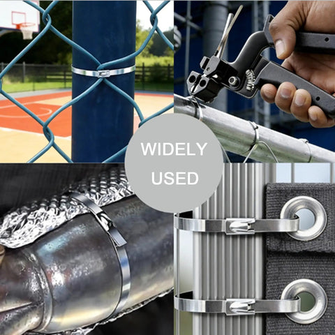 Collage showing Pro Grade Zip Tie Gun Kit With 100 Stainless Steel Cable Ties 11.8 Inch 300mm in diverse uses for outdoor tasks