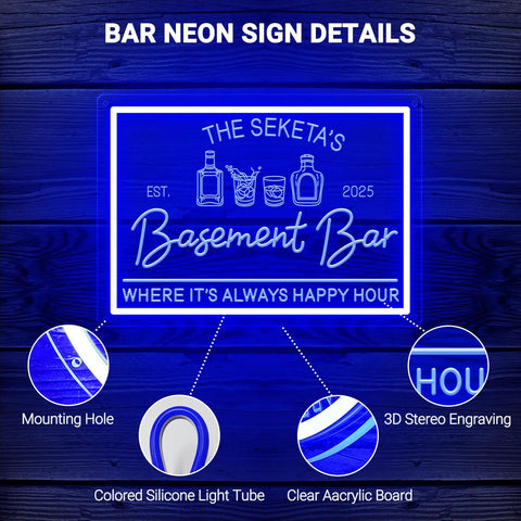 Blue personalized LED neon bar sign for home pub and man cave dimmable light up whiskey bar sign custom wall decor