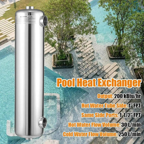 Pool Heat Exchanger Inline For Pools And Spas Stainless Steel Shell And Tube Heater KBtu Per Hour Hydronic Heating Solution Hot Tub Snow Melting One Half Inch NPT Same Side Ports