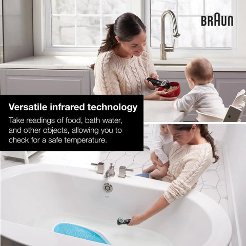 Sensian 7 Forehead 3 In 1 No Contact Infrared Thermometer For Adults And Kids, Clinically Validated And Doctor Recommended, Quick Accurate Readings, 3 Ways To Use, Safe Easy Home Health Monitoring. Mother using black infrared thermometer to check bowl and bath water.