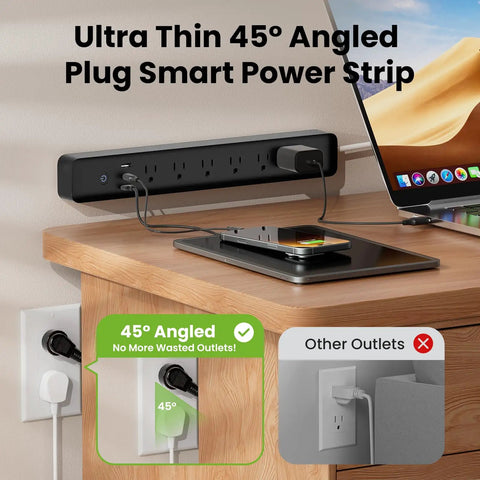 The Real Deal Smart Plug Power Strip With Six Individually Switched Outlets And Three USB Ports Offering Thirty Watt Fast Charge Surge Protector Alexa And Google Home Compatible Energy Monitor Six Foot Cord showcased on a desk.