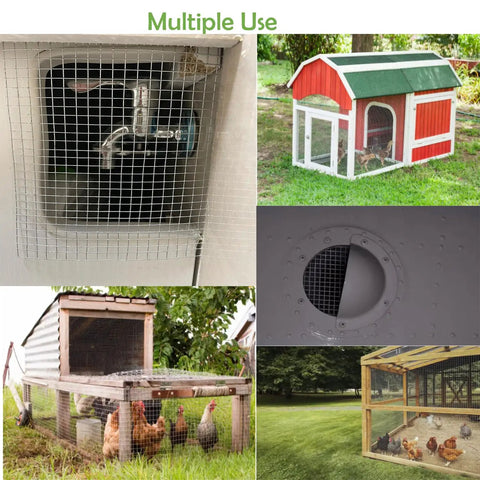 Images of 4 Mesh Stainless Steel Wire Mesh Sheets 11.8 X 23.6 Inches used in chicken coops and vents, showcasing durability.
