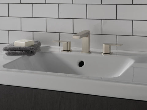 Xander Widespread Bathroom Faucet Brushed Nickel Three Hole Configuration with Ceramic Disc Valve on sink