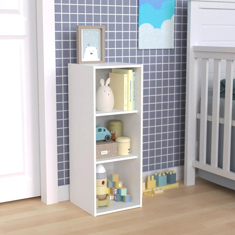 Sturdy Stackable Three Shelf Closet Organizer In White Finish For Clothes And Office Storage Space Saver with toys visible