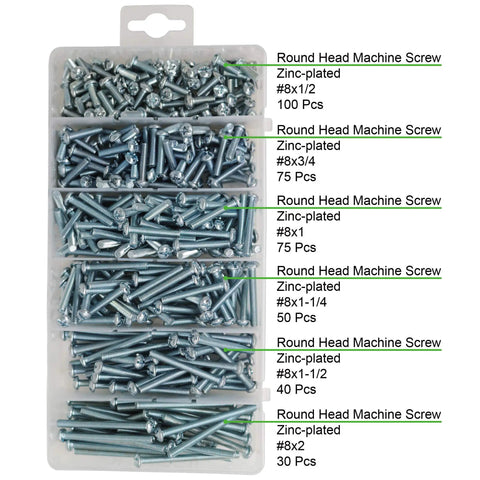 Assorted Machine Screws Kit 370 Pcs Fully Threaded Phillips Drive Eight By One Half Inch To Eight By Two Inch Zinc Coated Carbon Steel