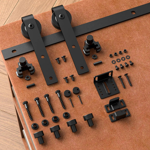 Compact 2.5 Foot Mini Sliding Barn Door Hardware Track Kit with J shape hangers and black powder coated surface
