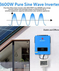 3600W pure sine wave inverter with MPPT next to solar panel, mounted on house wall