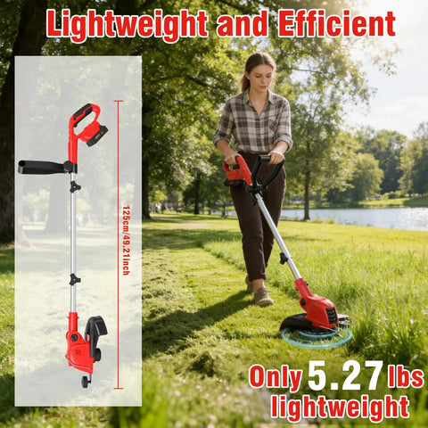 Person using Two In One Cordless Weed Wacker And Lawn Edger With 12 Inch Cut on grass, showcasing lightweight design and efficiency.