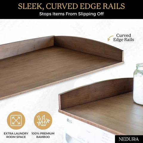 Washer and Dryer Countertop Topper with Anti Vibration Pads and Curved Edge Rails, 54-inch Dark Walnut Bamboo Surface
