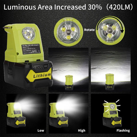 Portable LED Lantern For Ryobi 18V Batteries 450 Lumen Work Light With Dual USB 2.1A showing light modes and rotation.