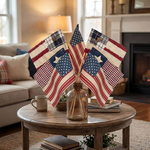Six Pack 4x6 Inch Fabric Mini Flags On Sticks For 4th Of July Home Decor And Independence Day Parties in cozy living room.