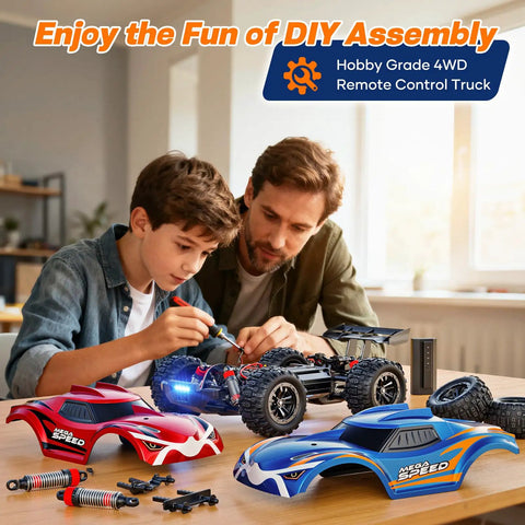 Father and son assembling One Sixteenth Brushless Remote Control Car For Adults 64 KMH Off Road 4X4 All Terrain RC Monster Truck