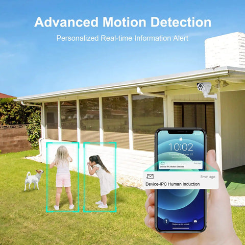 5MP POE Security Camera With Outdoor PTZ 2592x1944 HD 5X Optical Zoom Night Vision Motion Detection shown monitoring backyard