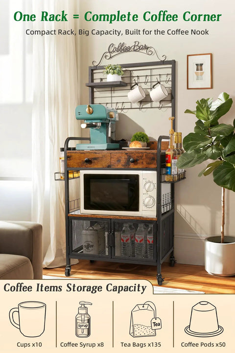 Rolling Coffee Bar Cart On Wheels For Small Spaces With 5-Tier Storage, Syrup Rack And Tea Pod Drawer, Rustic Brown Finish